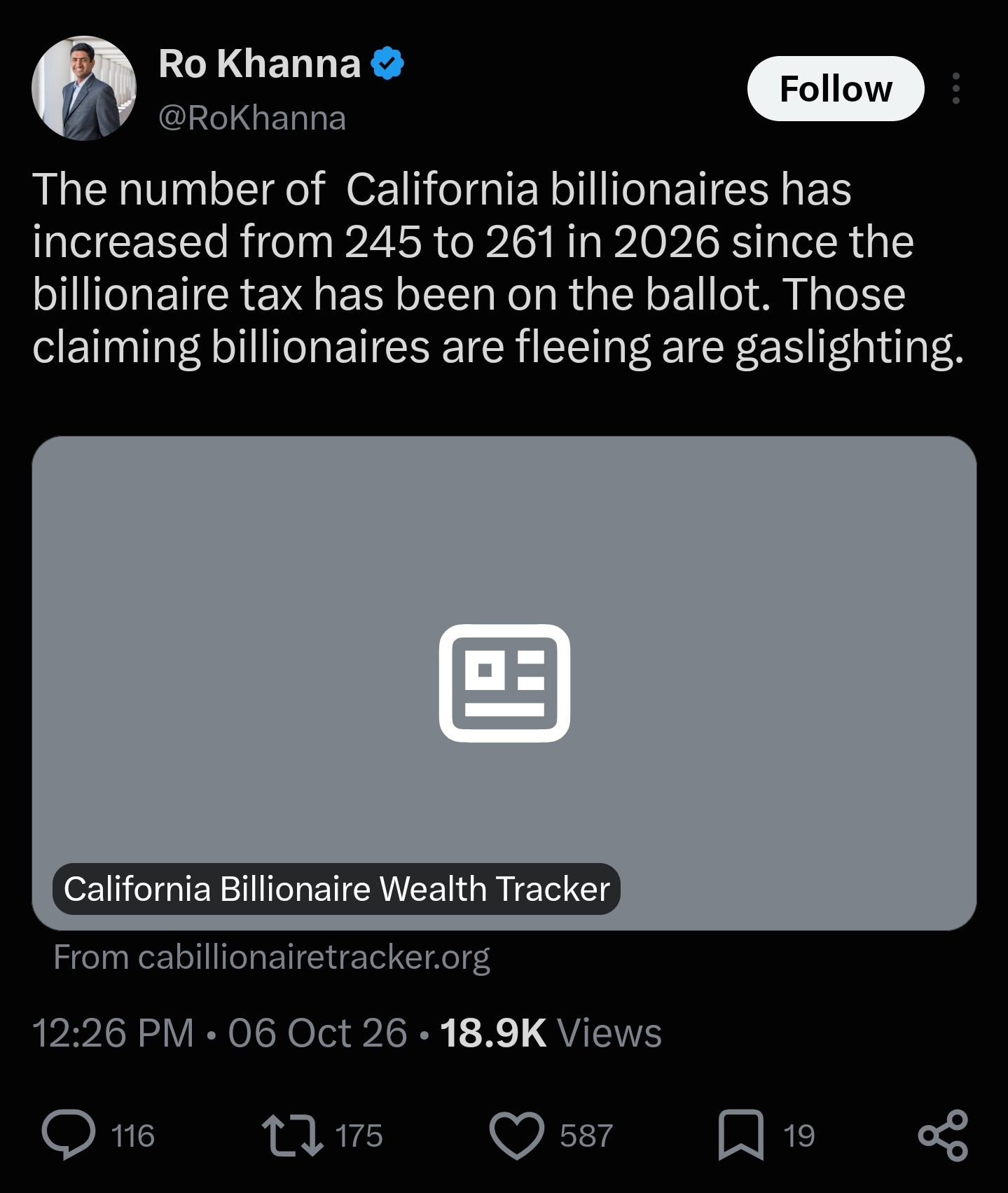 Saved copy of the post by Ro Khanna (@RoKhanna)