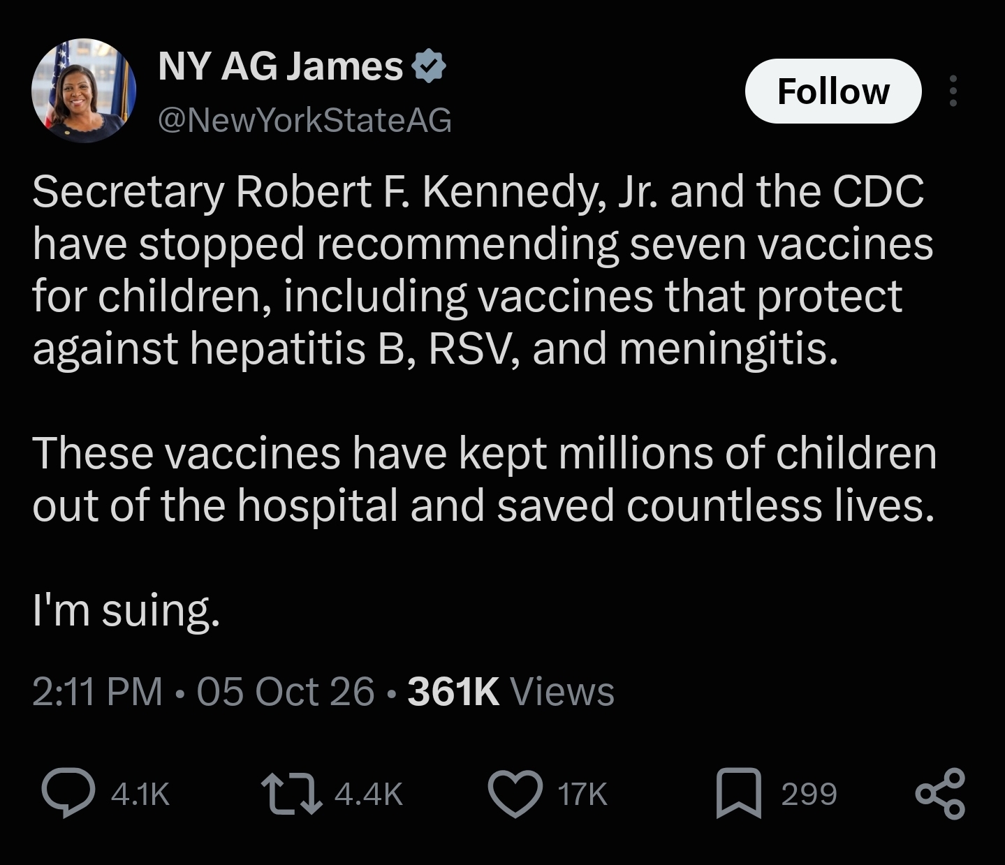 Saved copy of the post by Letitia James (NY Attorney General) (@NewYorkStateAG)