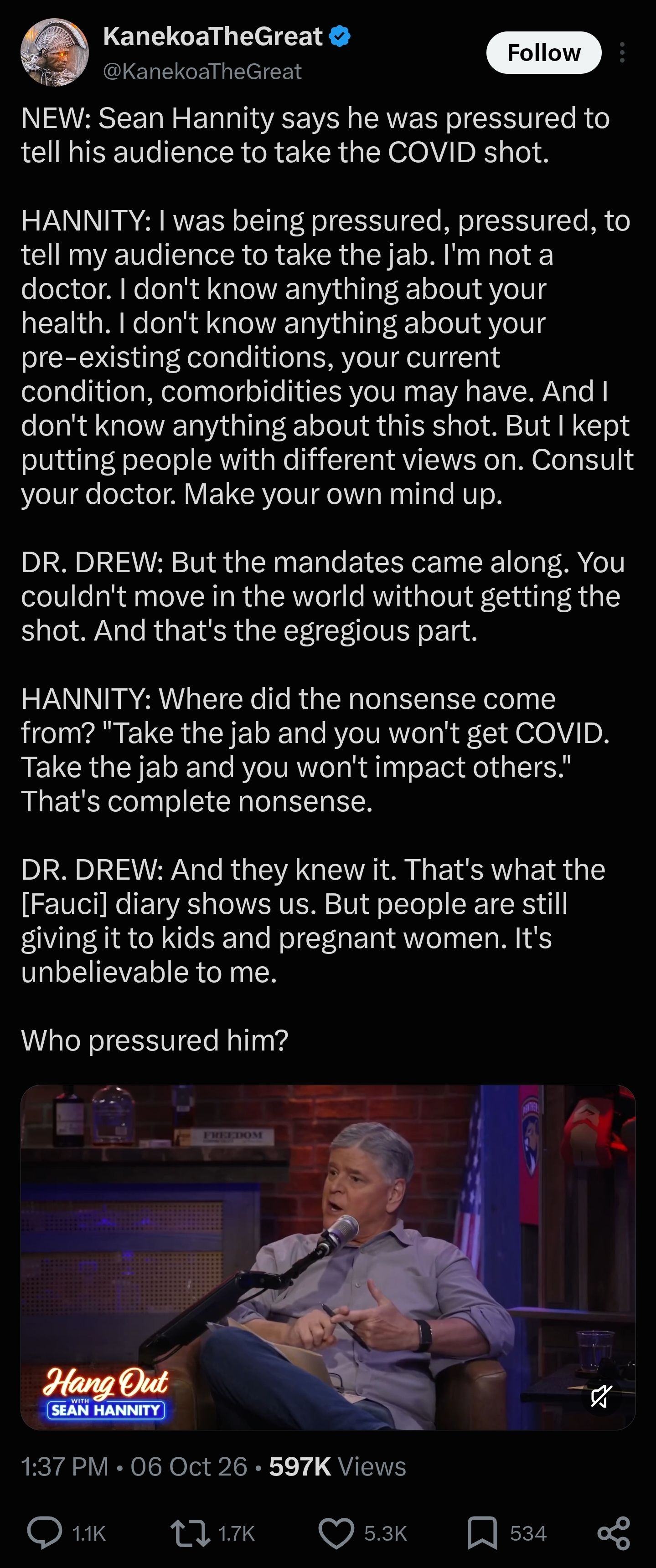 Saved copy of the post by Sean Hannity (@seanhannity)