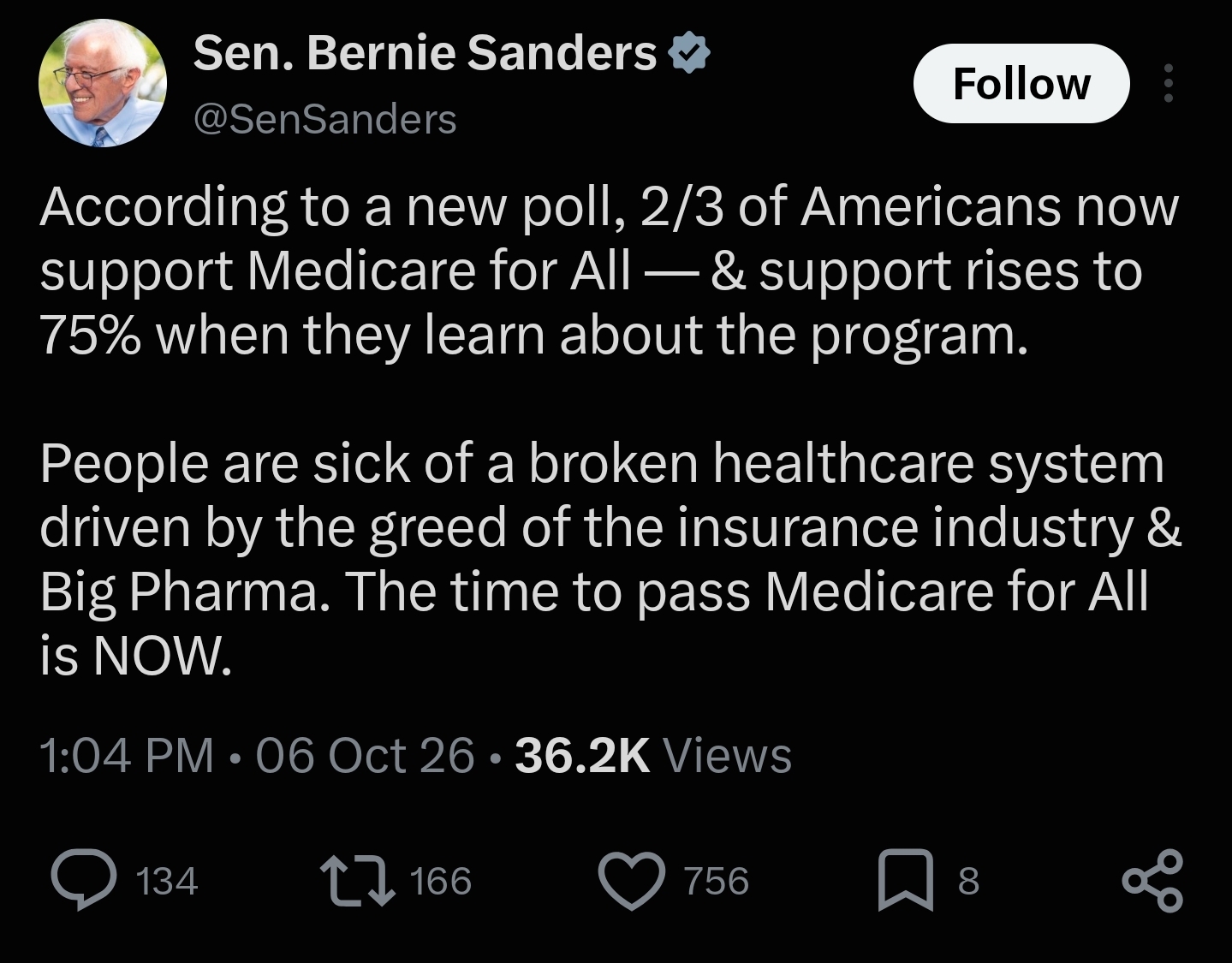 Saved copy of the post by Sen. Bernie Sanders (@SenSanders)