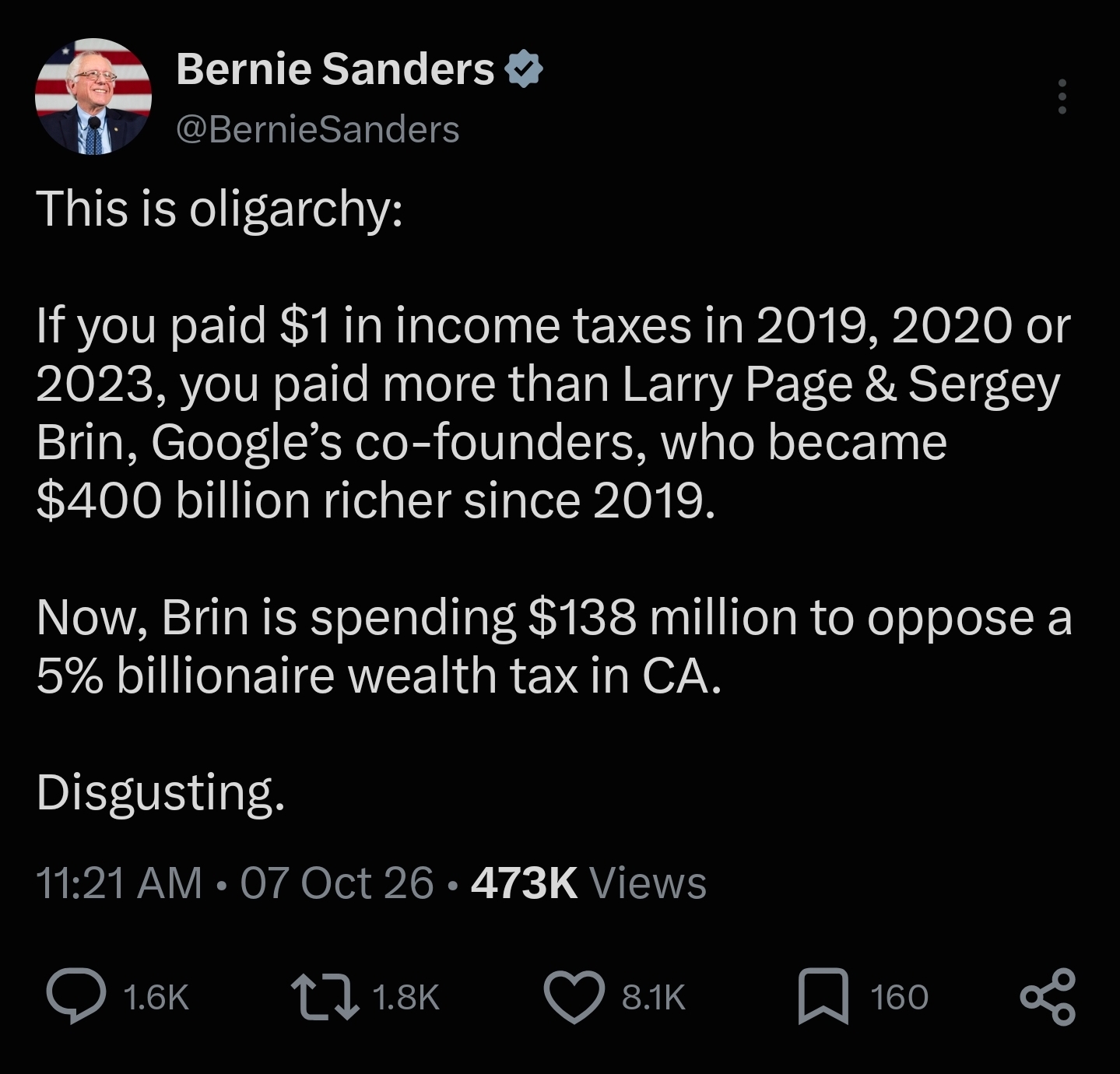 Saved copy of the post by Bernie Sanders (@BernieSanders)