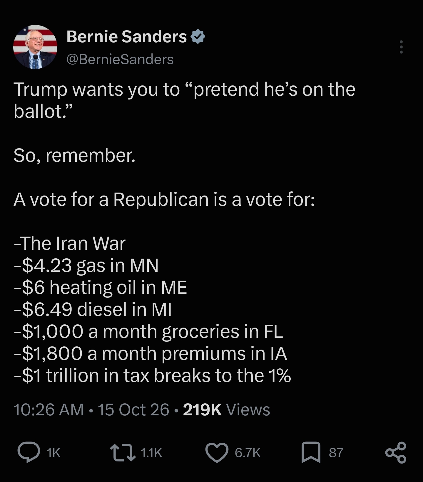 Saved copy of the post by Bernie Sanders (@BernieSanders)