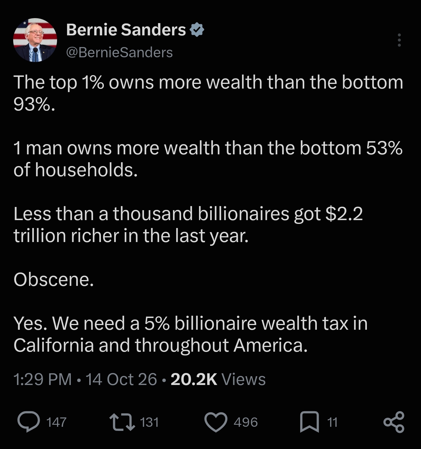 Saved copy of the post by Bernie Sanders (@BernieSanders)
