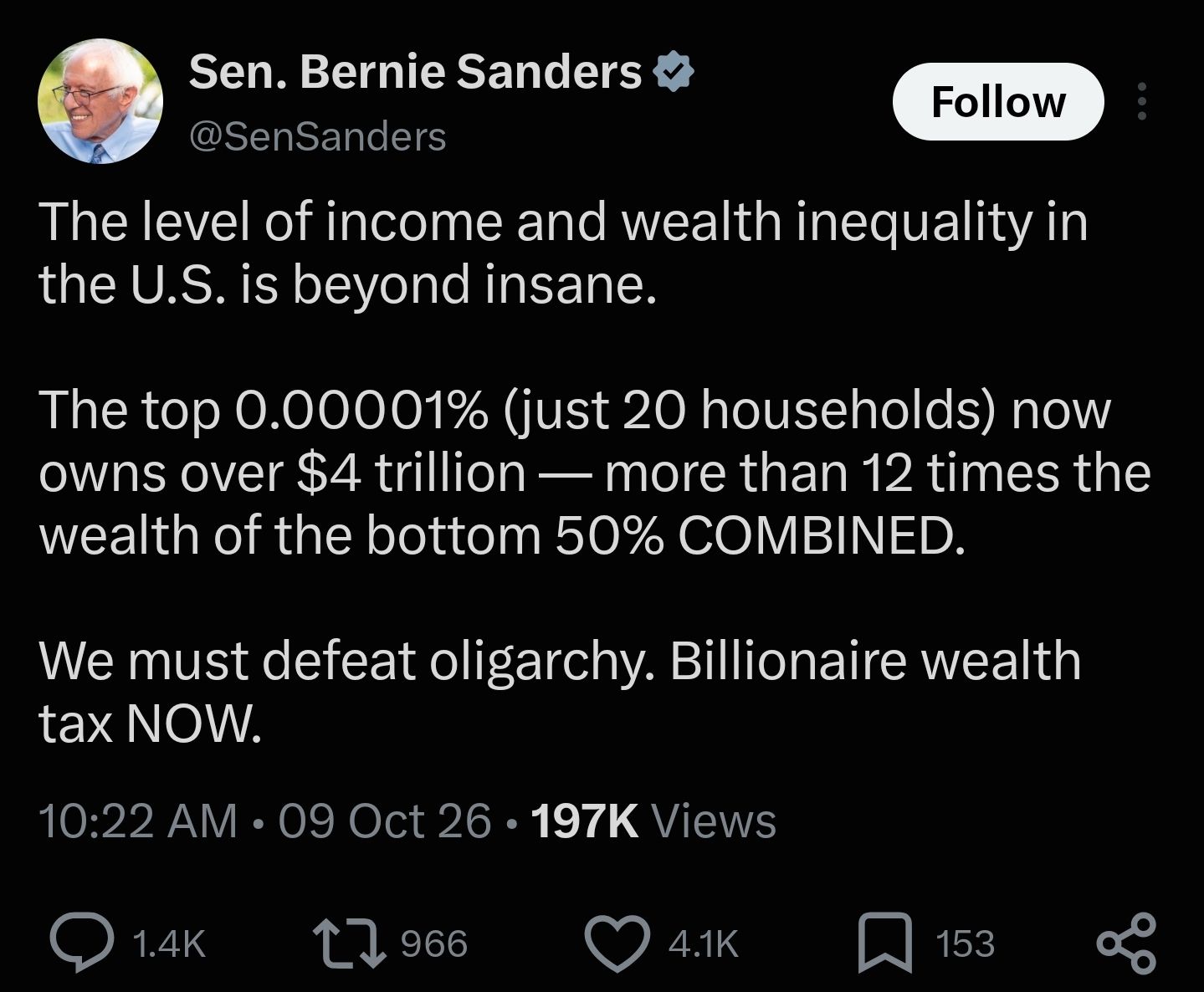 Saved copy of the post by Bernie Sanders (@SenSanders)