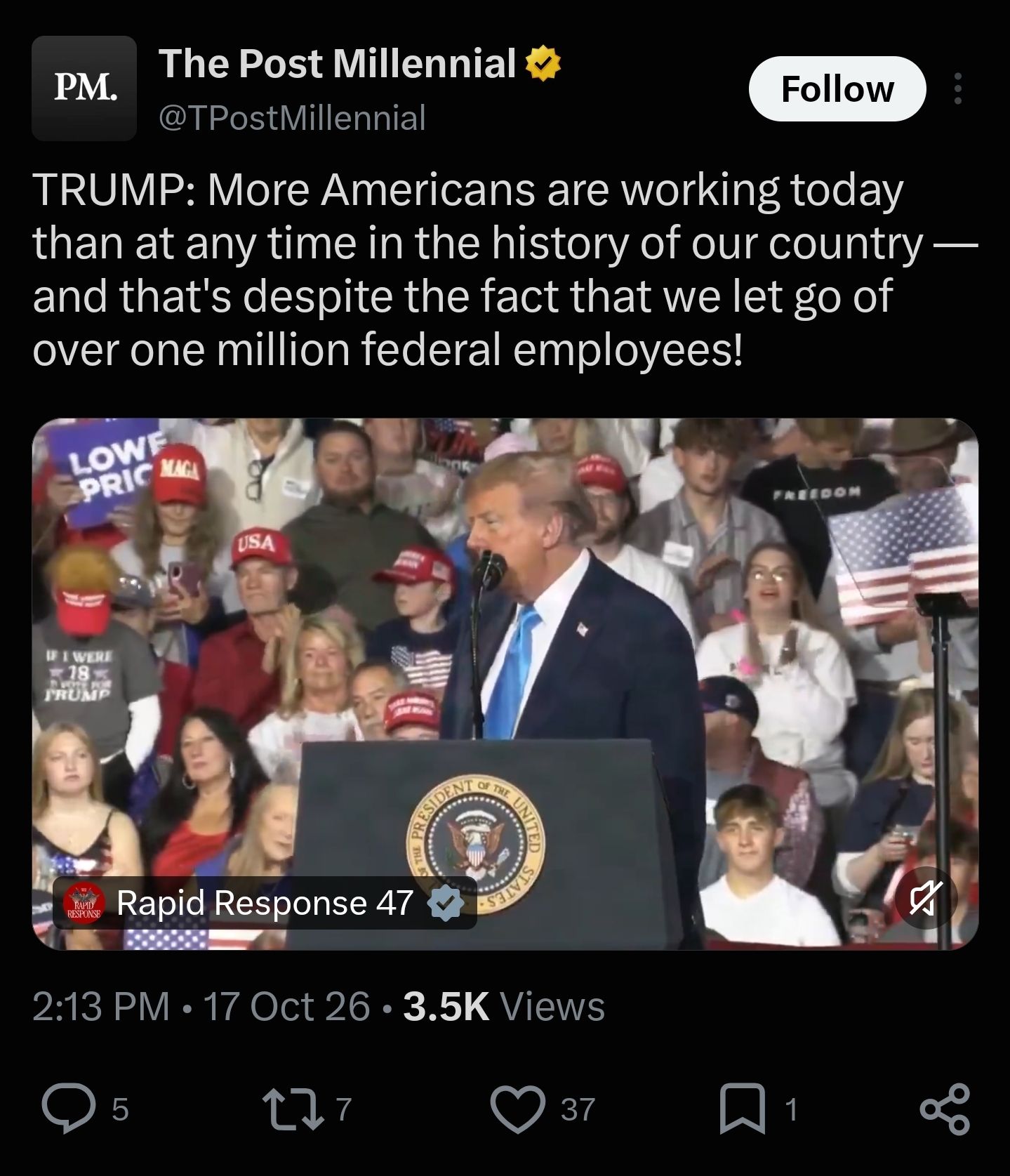 Saved copy of the post by Donald Trump (Kentucky rally, 17 Oct 2026), quoted by The Post Millennial (@TPostMillennial)